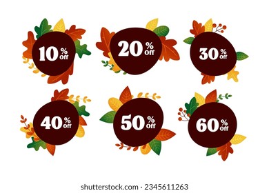Autumn discount labels. Discount label for autumn sale promotion decorated with pumpkins, acorns and colorful leaves. 