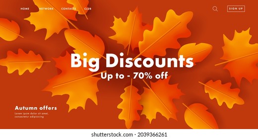 Banner de venta con descuento de otoño con 3d ilustración de diferentes hojas de otoño en estilo moderno de renderización 3d, hojas que se esparcen desde el centro