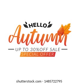 Autumn discount sale text isolated on white. Ad promotional lettering decorated with leaves.