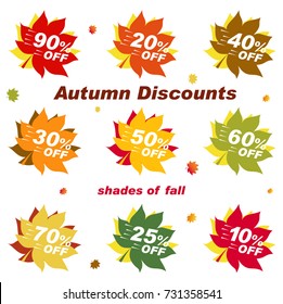 Autumn discount template elements banner. Set numbers for sale. Bright banner for autumn sale. Discount 10 20 50 70 % off on background red leaf. Sale color Tag Isolated