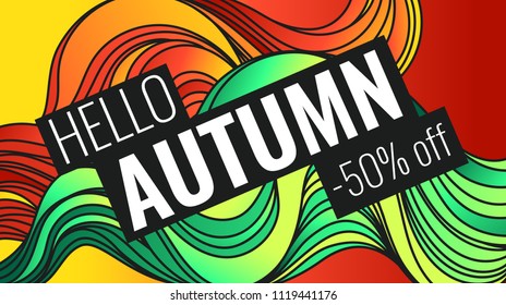 Autumn discounts, background with leaves and waves. Beautiful vector template for design