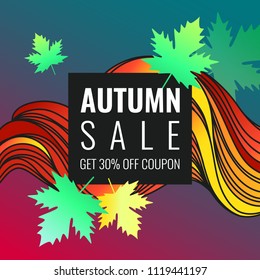 Autumn discounts, background with leaves and waves. Beautiful vector template for design