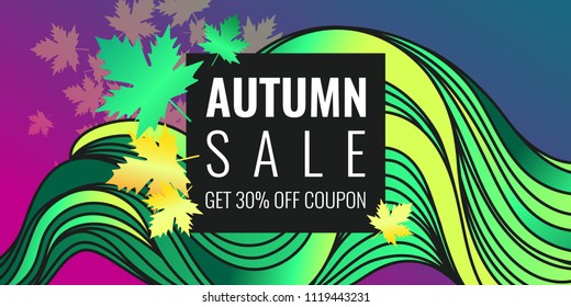 Autumn discounts, background with leaves and waves. Beautiful vector template for design