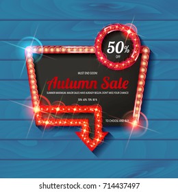 Autumn discounts, banner of Golden vintage frame on the woodenbackground . Sale marketing. Vector illustration
