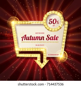 Autumn discounts, banner of Golden vintage frame on the background of the curtain. Sale marketing. Vector illustration