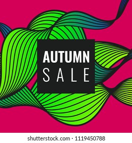 Autumn discounts, bright background with dynamic lines, waves. Beautiful vector template for design.