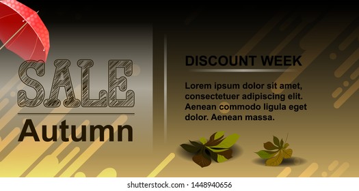 Autumn discounts. Horizontal template for the Internet or advertising for autumn sale, a red umbrella and leaves on a brown background.