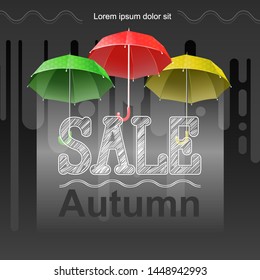 Autumn discounts. Square template for the Internet or advertising for the autumn sale, three colored umbrellas and a sheet on a dark gray background.