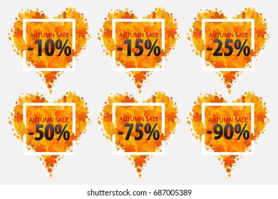 Autumn discounts. Vector signs in the form of hearts isolated on white background. Vector illustration.