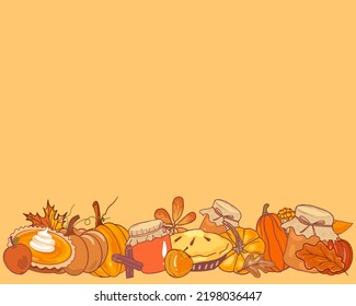 Platos de otoño de la zona de calabaza. Cosecha de calabaza y recetas para la mermelada de calabaza y el vector de pasteles, dibujado a mano. Fondo de recetas otoñales, ahorrar espacio
