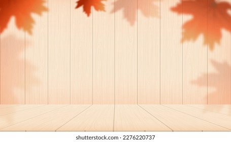 Autumn Display Podium Decoration Background with Mable Leaves on Wood Wall,Vector Empty minimal Studio room for product template design for Autumn,Fall Season,Backdrop Banner for Product presentation