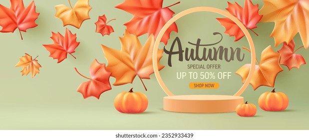 Autumn Display Podium Decoration Background with Autumn leaves and empty minimal podium pedestal product display.Background or banner template for the design of Autumn and Fall Banners
