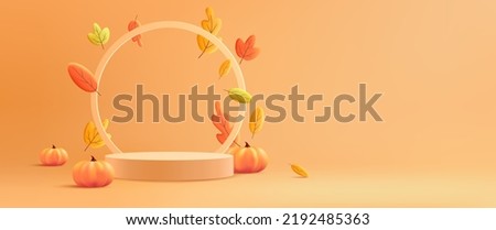 Autumn Display Podium Decoration Background with Autumn leaves and empty minimal podium pedestal product display.Background or banner template for the design of Autumn and Fall Banners 商業照片 © 