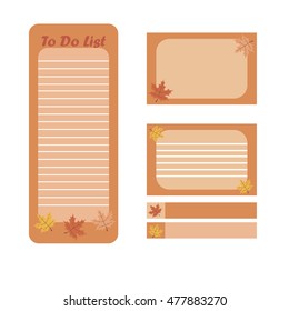 Autumn to do list. Cute page for notes. Vector design elements for notebook, diary, stickers and other template design. School accessories. Autumn, leaves.