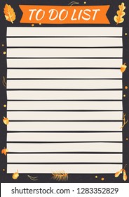 Autumn TO DO list with leaf, acorn and oak. Template with place for notes and thinks. Hand draw stamp vector illustration for print, office, school.