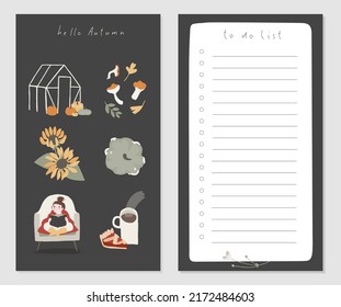 Autumn to do list template design. Decorated by cute Fall illustrations scenes - sunflowers,  mushrooms, pumpkin and trendy lettering. Cute trendy scheduler or organizer. Flat vector cartoon style