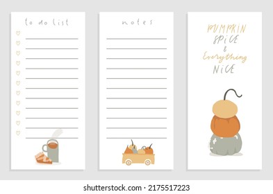 Diseño de plantilla de lista de otoño. Decorada con escenas de adorables ilustraciones del otoño - tarta de calabaza y latte, calabaza y letras de moda. Programador u organizador de moda. Estilo de dibujos animados de vector plano