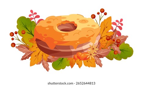 Rosca de outono com esmalte de creme de abóbora rico, decorado com folhas sazonais, bagas e flores. Um deleite acolhedor e festivo perfeito para o trabalho artístico com tema de queda e design inspirado no Dia de Ação de Graças.