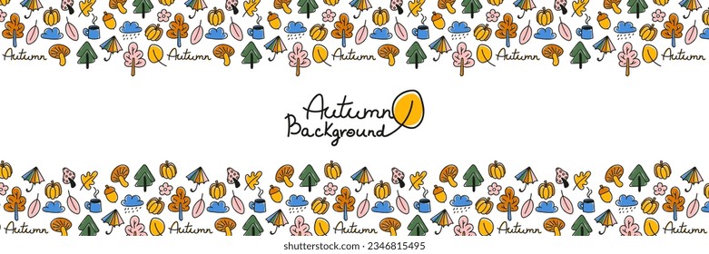 Autumn doodle background. Naive childish fall symbols, leaves, mushrooms, cloud, umbrella, trees, pumpkin, acorn. Abstract season frame, banner template. Vector illustration isolated on white