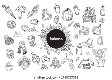 Autumn doodle  big set, vector isolated hand drawn elements. Traditional symbols: fallen leave, rain boots, umbrellas, mushrooms, fall harvest. 