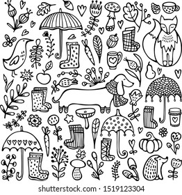 Autumn doodle black and white background. Umbrellas, rubber boots, fox, dog, hedgehog, bird, leaves, mushrooms and other floral elements. Hand drawn vector illustration.