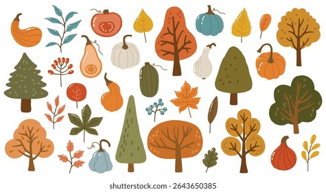 Autumn doodle collection, autumn colored leaves, pumpkins and trees, autumn cozy set