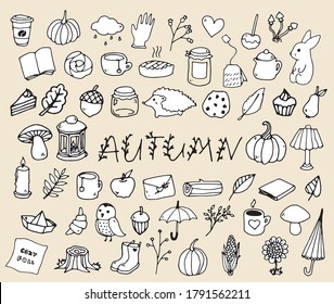 Autumn doodle collection, vector isolated hand drawn elements for postcard design and other decorations.