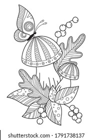 Autumn doodle coloring book page mushrooms, leaves and berries. Antistress for adults. Stock vector illustration