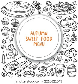 Autumn doodle dessert set - sweet food, pumpkin pie, spices, cake, hot drink, jam, apples. Vector illustration. Perfect for autumn menu, coloring book, greeting card, print.
