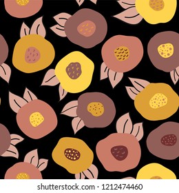 Autumn doodle flowers seamless vector repeat pattern. Yellow, orange, gold, and pink abstract florals on black background. Scandinavian style Fall colors. Digital paper, fabric, scrap booking, banner