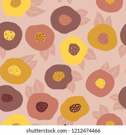 Autumn doodle flowers seamless vector repeat pattern. Yellow, orange, gold, and red abstract florals on pink background. Scandinavian style. Fall colors. Digital paper, fabric, scrap booking, banners