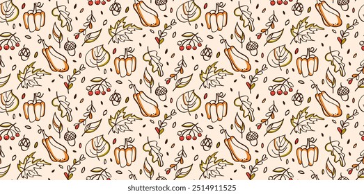 Autumn doodle hand drawn seamless pattern. Cute seamless illustration of fallen leaves, pumpkins, berries, acorn. Sketches, vector line icons. Texture for wallpaper, background, fabric, packaging.