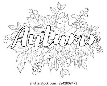 Autumn doodle hand-drawn page with outlines, art therapy, isolated on white background. Children coloring book.