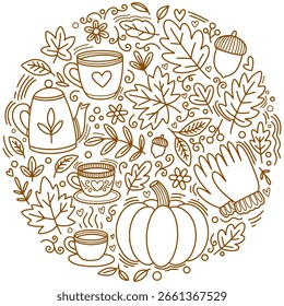 autumn doodle icons featuring pumpkins, maple leaves, mushrooms, and fruit. Hand-drawn line art illustrations for the fall season.