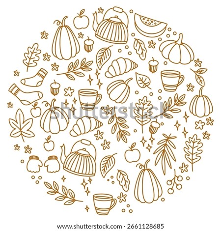 autumn doodle icons featuring pumpkins, maple leaves, mushrooms, and fruit. Hand-drawn line art illustrations for the fall season.
