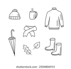 Autumn doodle icons. Vector illustration of autumn elements, sketch outline on a white background.