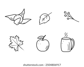 Autumn doodle icons. Vector illustration of autumn elements, sketch outline on a white background.