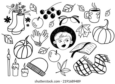 Autumn doodle illustrations. Hand-drawn elements for your design. Autumn clothes, leaves, a girl in a hat, apples, candles, a book, hot tea. All elements are isolated.