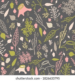 Autumn doodle pattern. Pink, grey, green, white colors. Natural leaves background. Vector herbs pattern. Doodle illustration. Natural color. Hand drawing. Romantic collection. Wallpaper ornament. 