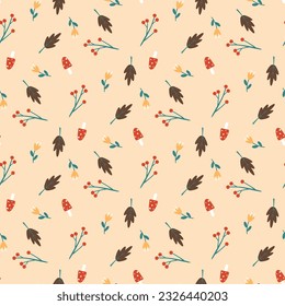 autumn doodle plants seamless pattern