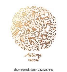 Autumn doodle print. Circle pattern of Autumn season. Books, coffee, umbrella, food design. Hand drawn vector illustration.