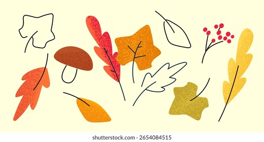 outono rabiscar folhas caídas vermelhas e coleção de elementos da floresta com textura granulada. Conjunto mínimo de ilustrações vetoriais.