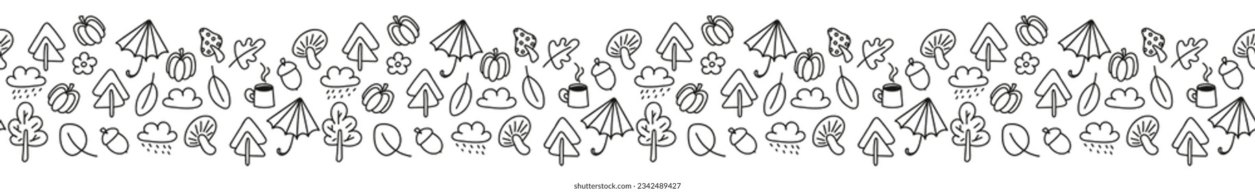 Autumn doodle seamless border. Naive childish fall symbols, leaves, mushrooms, cloud, umbrella, trees, pumpkin, acorn. Abstract line frame. Vector illustration isolated on white background