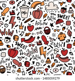 Autumn doodle seamless pattern. Fall illustration with pumpkin, coffee, leaf on white background.