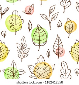 Autumn doodle seamless pattern with falling leaves on a white background. Hand drawn vector illustration with watercolor elements.