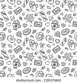 El doodle otoñal es un patrón sin fisuras. Conjunto de bocetos dibujados a mano: tazas de café, manzana, hojas, donut, galletas, bellotas, etc.