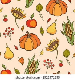Autumn doodle seamless pattern with pumpkins, fruits and leaves. Hand drawn vector background