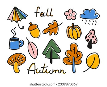 Autumn doodle set. Childish fall symbols, leaves, mushrooms, cloud, umbrella, trees, pumpkin, acorn. Abstract colorful clip art. Vector illustration isolated on white background