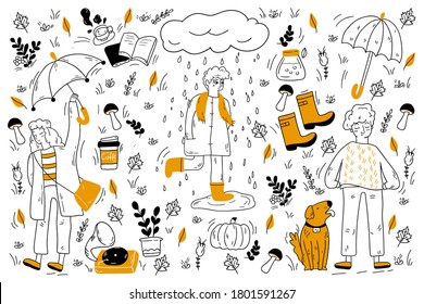 Autumn doodle set. Collection of hand drawn sketches templates of people walking under poring rain woth coat and umbrella drinking coffee and listening depressive music. Weather season illustration