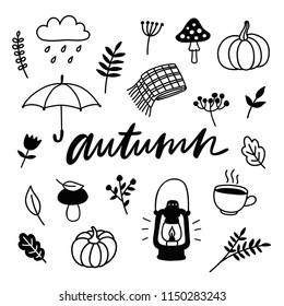 Autumn doodle set. Cozy fall collection of hand drawn elements. Leaf, pumpkin, umbrella, mushroom, berries, cup of hot drink, cloud, rain, scarf, lamp. Vector. 